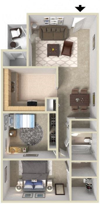 Floor plan for 2 beds, 1.5 baths